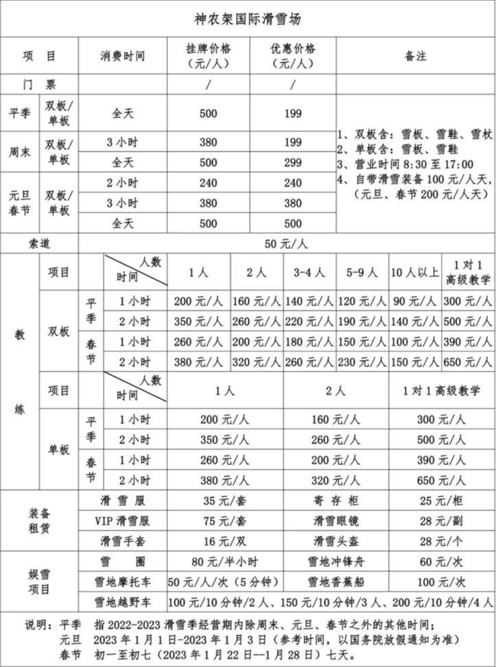 2022-2023神农架国际滑雪场门票多少钱